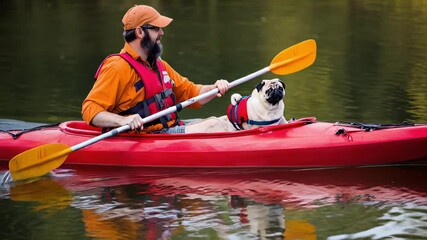 Male kayaker enjoys time on the water with a pug dog in a bright red kayak, reflecting nature's beauty and companionship