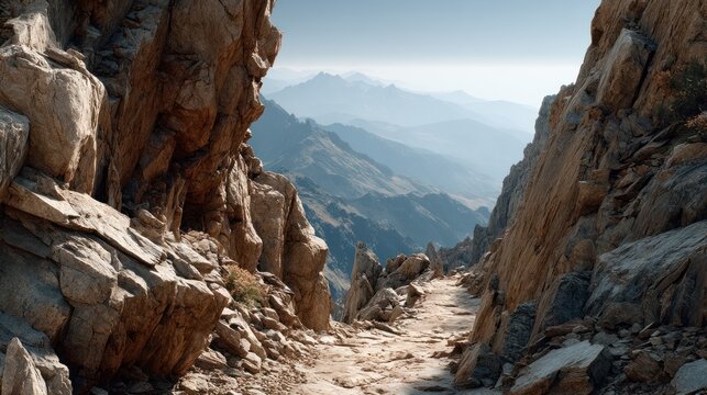 Magnificent rocky mountain pass with winding trail and scenic distant mountain range
