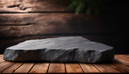 rough grey stone slab on rustic wood table surface close up dark blurred background for product display or backdrop presentation mockup