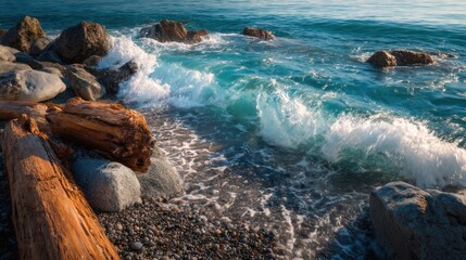 Scenic seascape with crashing waves, rocky shoreline and driftwood detail