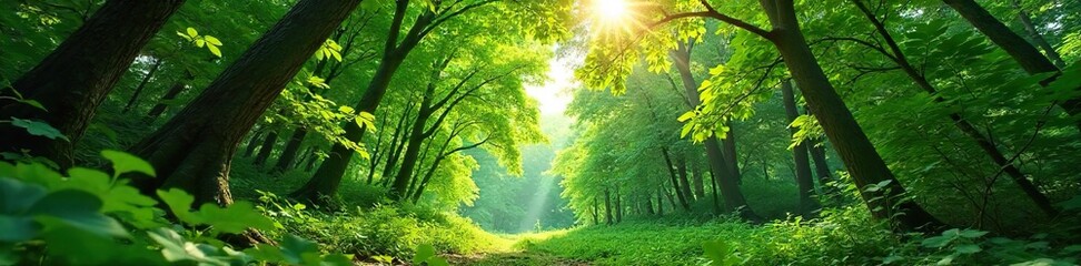 Dappled Sunlight Filtering Through Lush Autumn Forest Canopy Tranquil Nature Scene Perfect for Documentaries, Travel, and Environmental Campaigns