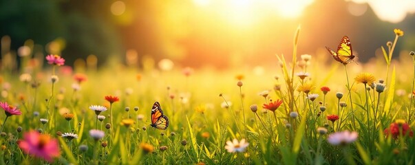 Sunlit Summer Meadow Wildflowers in Bloom, Butterflies Dancing, Idyllic Rural Tranquility