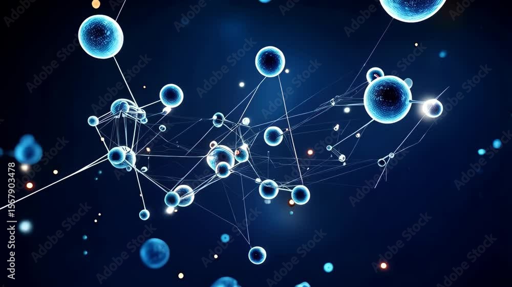 Poster depiction of connected atoms or molecules in a network with blue color scheme for science and techno