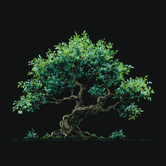 Ancient banyan tree icon with green leaves, hand-drawn vector illustration on black background, fantasy game art style, cartoon game asset.