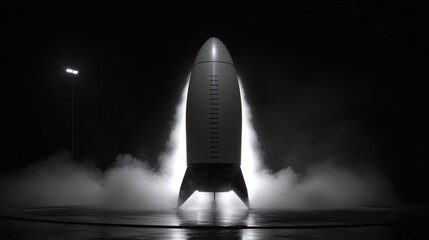 Monochromatic Starship: Ethereal Launchpad, Dramatic Fog, Nighttime