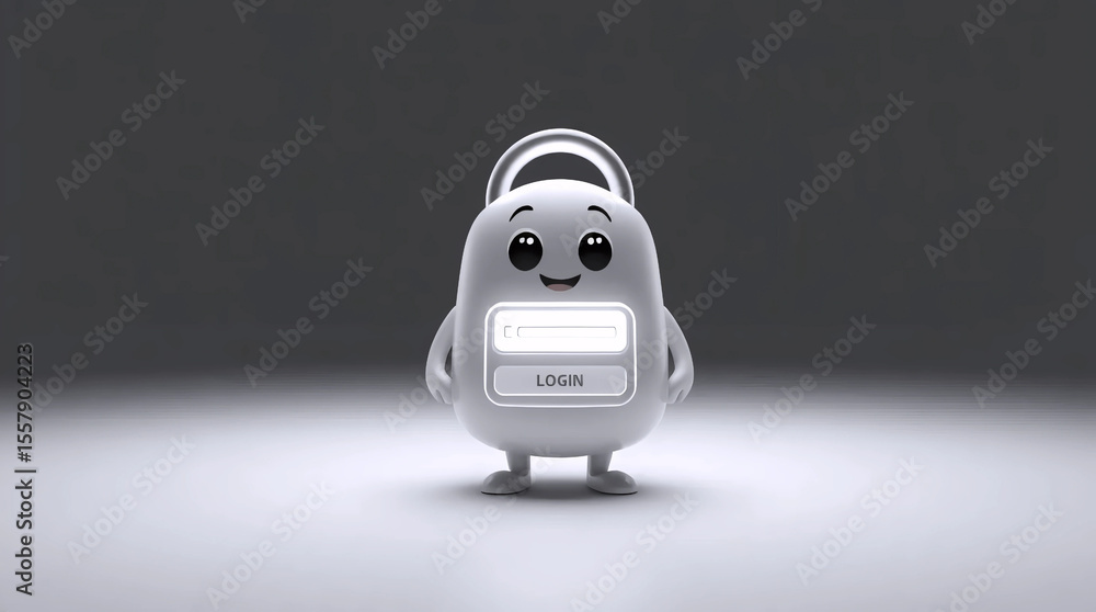Poster cute robot padlock character with login slot and round body in digital ui style