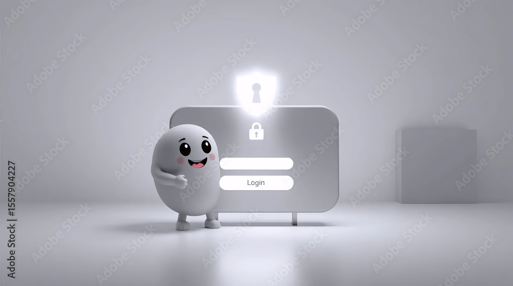 Poster friendly 3d login mascot with glowing screen and padlock button on futuristic interface