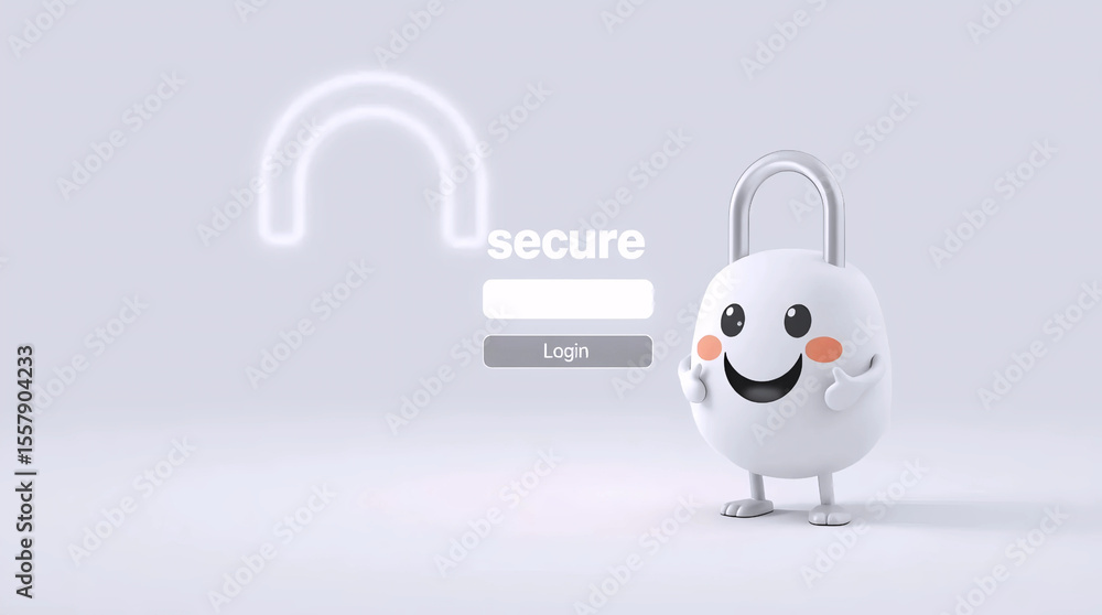 Poster open lock icon glowing with the word secure beside a happy 3d character on light gray background