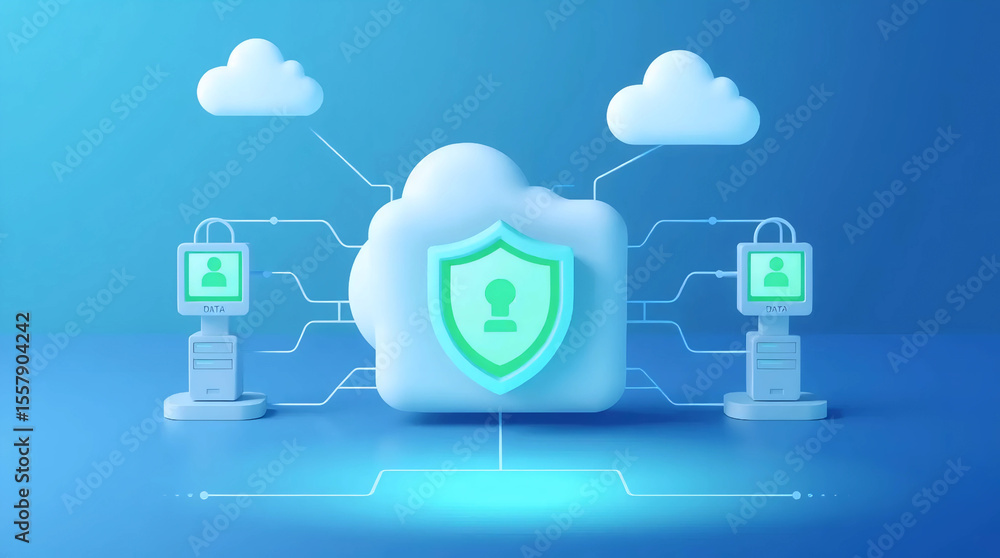 Poster glowing 3d security shield with cloud network background in futuristic digital protection concept
