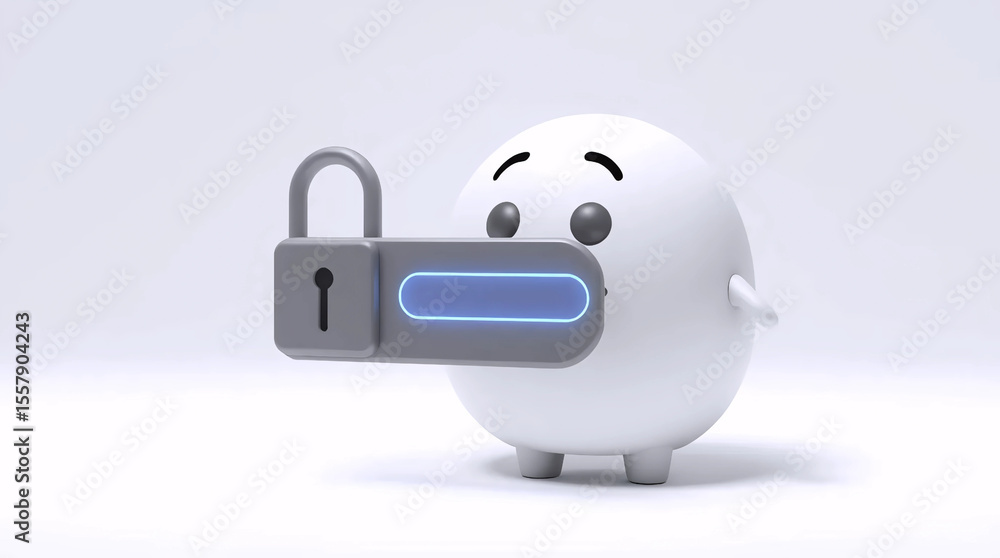 Poster minimal smiling character animation with blue password input bar and metal padlock over mouth