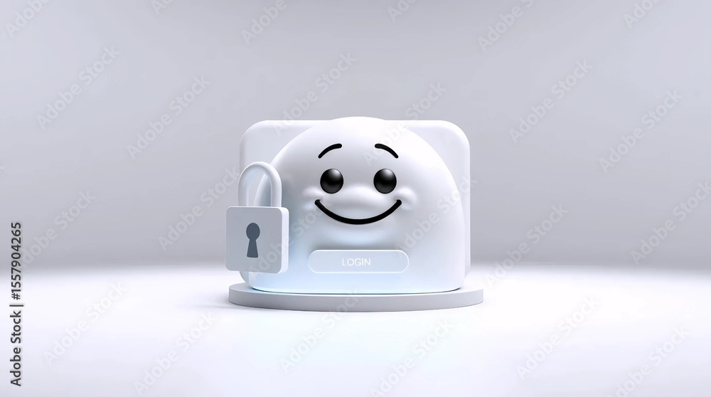 Poster smiling lock character animation with face and keyhole, floating on platform in minimal 3d style