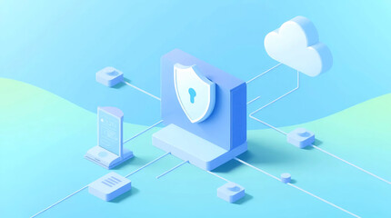 3d illustration of a secure monitor interface with a shield lock icon, representing safe digital workspace and internet protection