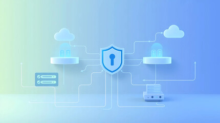 blue digital shield and cloud data flow animation with circuit lines and protection symbols in tech interface