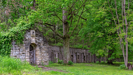 Old stone buildings along the loop trail at Fort Belle Fontaine county park in St. Louis, Missouri...