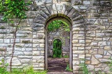 Old stone buildings along the loop trail at Fort Belle Fontaine county park in St. Louis, Missouri...