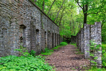 Old stone buildings along the loop trail at Fort Belle Fontaine county park in St. Louis, Missouri...