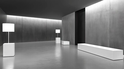 Minimalist Interior: Concrete Walls, White Lamps, and Geometric Furniture in Grayscale