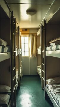 A simple, efficient dormitory with multiple bunk beds in rows along the walls. The room is well-lit and spacious with a long corridor leading to more sleeping quarters.