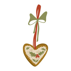 Christmas Heart Gingerbread on String with Bow Ribbon and Holly Berries. Food Market Street Food. Vintage Cartoon Colorful Hand Drawing Element. Xmas Cozy Aesthetic Vibes. Vector Illustration Isolated