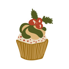 Christmas Cupcake with Holly Berry Branch. Vintage Cartoon Traditional Colorful Hand Drawing Doodle Food Sweet Element. Xmas Cozy Aesthetic Vibes Dessert. Cute New Year Vector Illustration Isolated