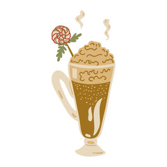 Christmas Hot Chocolate Beverage in Glass Cup. Winter Tea, Coffee, Cappuccino with Foam, Candy. Mug with Hot Drink. Colorful Cute Cozy Hand Drawn Doodle Element. Xmas Vector Illustration Isolated 