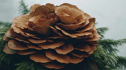 Layered Brown Oyster Mushroom Cluster on Mossy Branch, Moody Nature Study.