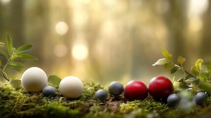 Serene Spring Equinox: Painted Eggs & Berries Nestled in Mossy Forest