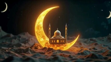 A captivating Ramadan display showcases a luminous crescent moon and a traditional mosque against a celestial night sky, symbolizing faith, spirituality, and the holy month.