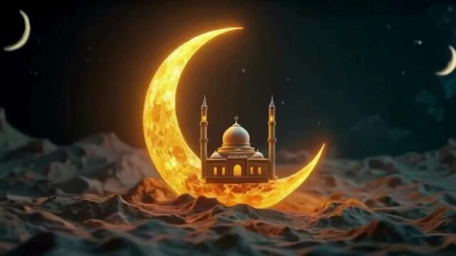A captivating Ramadan display showcases a luminous crescent moon and a traditional mosque against a celestial night sky, symbolizing faith, spirituality, and the holy month.