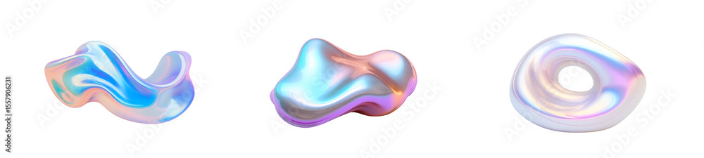 Poster abstract 3d shapes with holographic surface in iridescent plastic and holographic chrome. shimmering