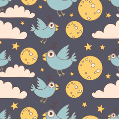 Seamless Night Sky Pattern with Flying Birds and Moons