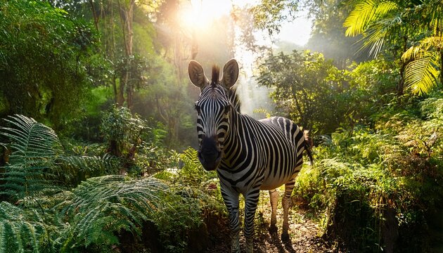 unique encounter with a zebra in a lush jungle setting during a sunny afternoon