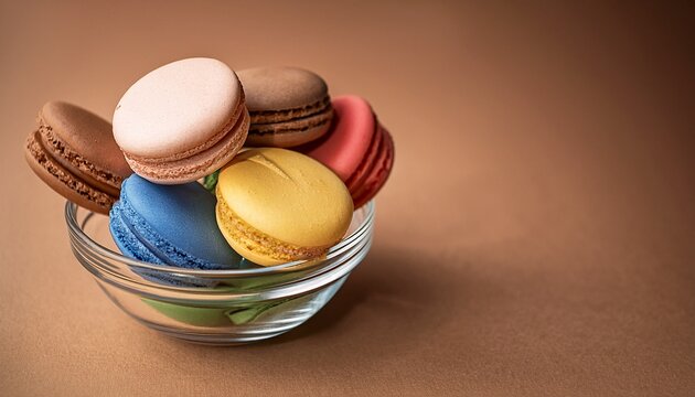 transparent bowl with multi colored macaroons on kraft brown backgrownd