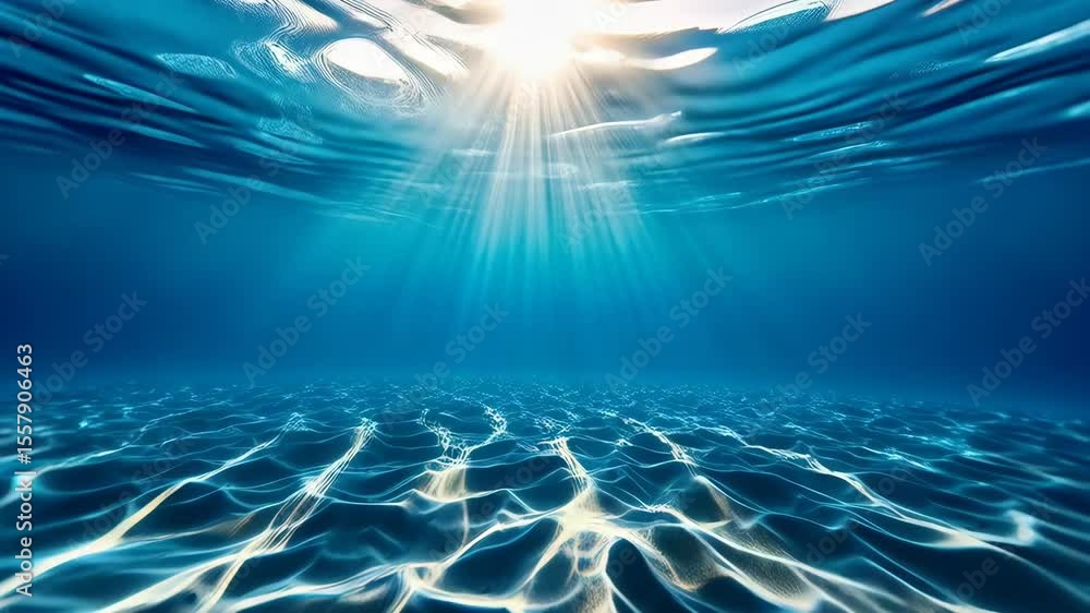 Poster underwater view of ocean surface with sunbeams piercing through the blue water creating light patter