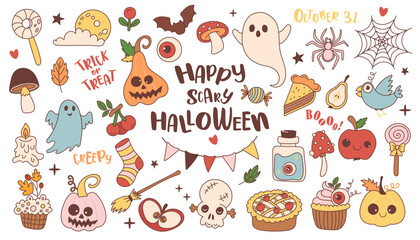 Cute Halloween Doodle Set with playful ghosts, pumpkins, candy, cupcakes, spiders, bats, and autumn treats. Decorated with cheerful lettering like Trick or Treat, Boo, and October 31