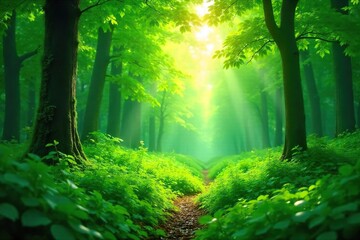 Serene Spring Forest Dappled Sunlight Filtering Through Lush Green Leaves, Peaceful Nature Scene Perfect for Wellness and Eco-Friendly Projects