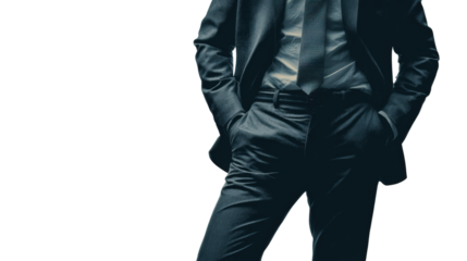 A confident businessman in a suit with hands in pockets, ready to tackle the day, isolated on a white background.