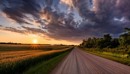 Fototapeta premium rural road with dramatic clouds in southern minnesota at sundown