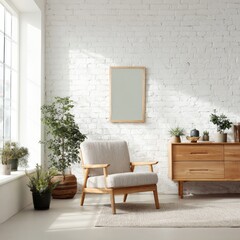 Sunlit room with a light beige armchair, wooden dresser, plants, and a blank framed picture against a white brick wall