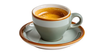 Naklejka premium A stylish coffee cup filled with espresso on a matching saucer, isolated on a white background.