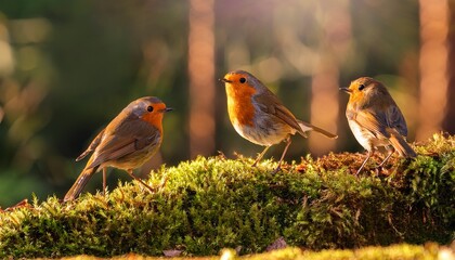 red robin erithacus rubecula birds close up in a forest