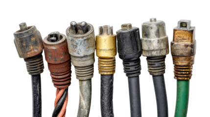 A variety of old electrical connectors lined up against a white isolated background.