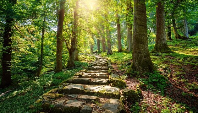 sentier de pierre ensoleille en foret verdoyante lumiere filtrant a travers les arbres pixel art detaille ambiance naturelle et paisible exploration et nature