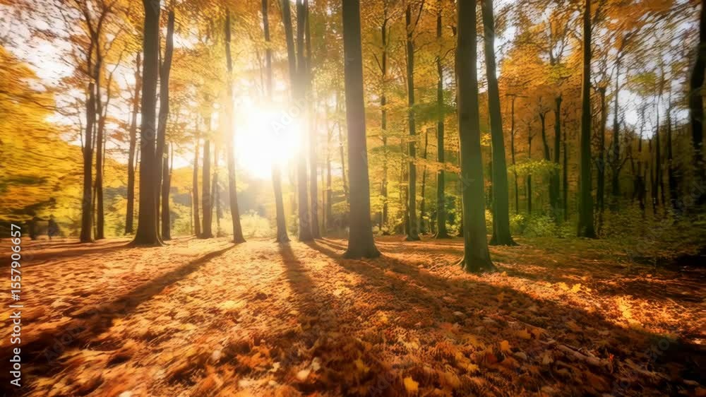 Poster sunlight shines brightly through the colorful autumn leaves and tall trees in the forest, creating a
