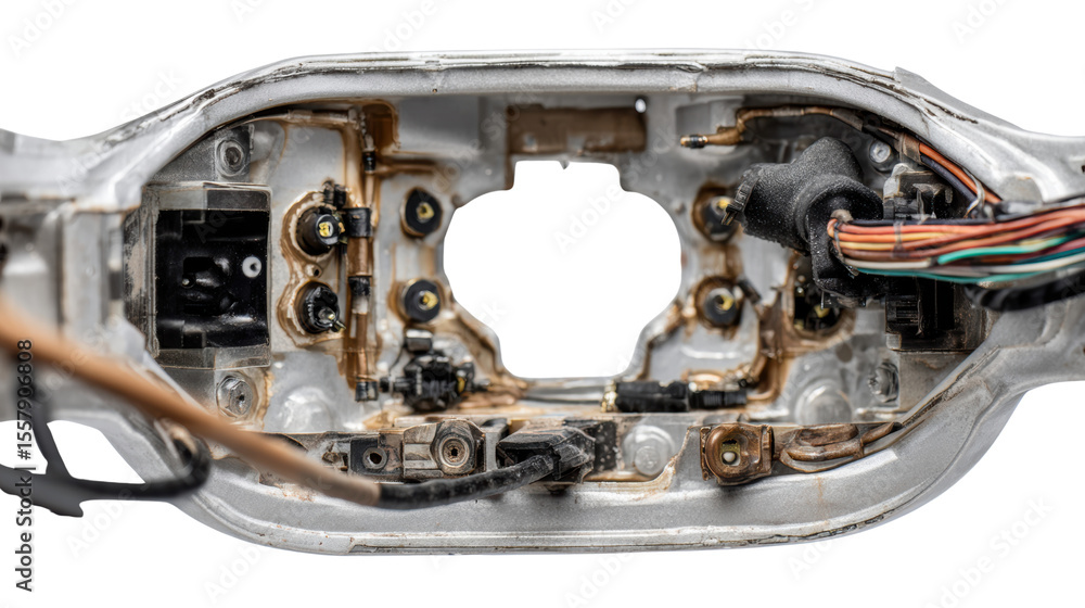 Aufkleber close-up of a complex electronic circuit board with various components and wires, isolated on white 