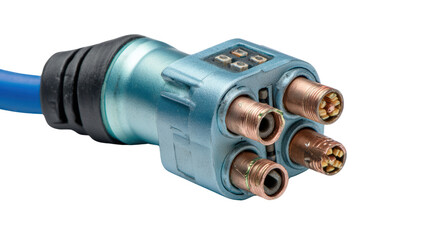 Close-up of a multi-pin electric connector with four pins, isolated on a white background.