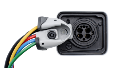 Close-up of a multi-pin electrical connector with colored wires, white isolate background.