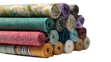 Colorful rolls of fabric stacked together on a white isolated background.