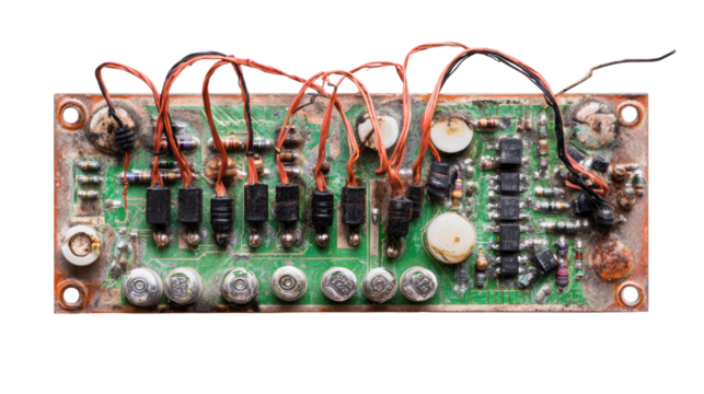 Circuit board with various components, white isolate background