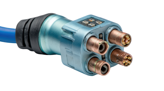 Close-up of a multi-pin electric connector with four pins, isolated on a white background.